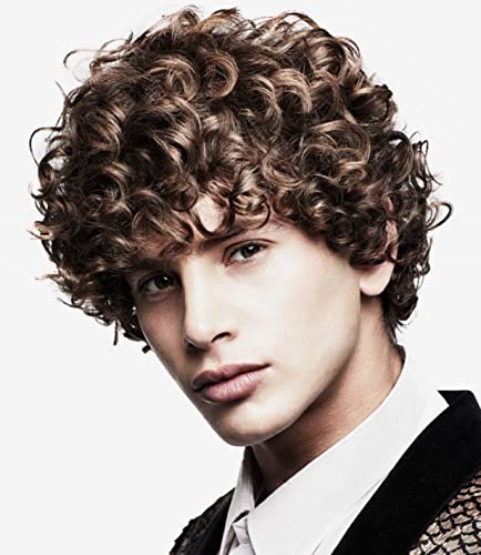 Tseses Men Curly Brown Short Wig California Halloween Cosplay Synthetic Wigs for Men Costume Party Heat Resistant Afro Full Wig