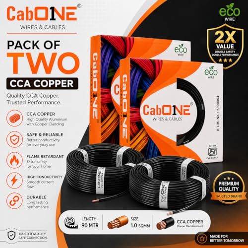Image of CabONE 1.0 SQ.MM FR PVC Insulated Copper Electrical Wire, 90 Meter (Black, Pack of 2) | ISI Marked Fire Retardant Single Core Cable for Home Wiring