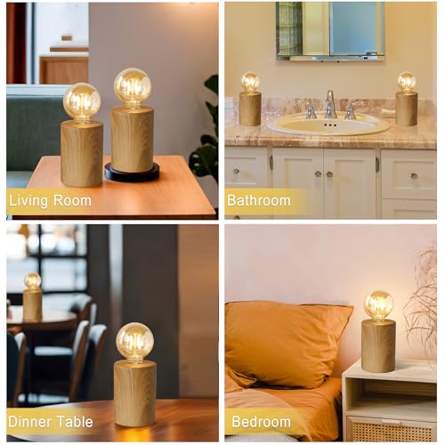 2-Pack Wood Grain Cordless Table Lamps with Edison Bulbs – 8.5 Tall, Battery Operated, Timer – Ideal for Living Rooms, Weddings, and Parties