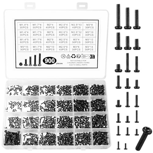 900 Laptop Schrauben, PC Schrauben Set, Computer Schrauben Sortierten Set, M1.4 M1.7 M2 M2.5 M3 Phillips Rundkopfschrauben Schwarz Universal Computerschrauben für Reparatur Festplatte SSD Schrauben