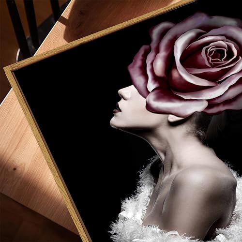 Image of Floral Woman Portrait Framed Canvas Painting For Living Room | Modern Rose Abstract Wall Art For Livingroom Wall Decor, Home Decor, Bedroom, Hallway's, Office, Hotel - 43x58 cm