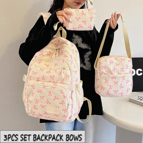 Bow Backpack for Girls, Trendy Nylon Rucksack, Cute Preppy Bag Floral Printed Kawaii Backpack 3 PCS Set (Pink)2