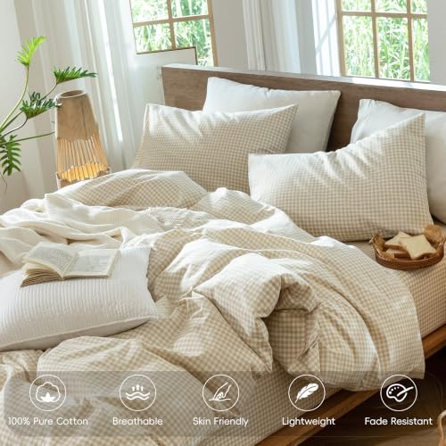 Image of MooMee Gingham Duvet Cover Set 100% Washed Cotton Linen Like