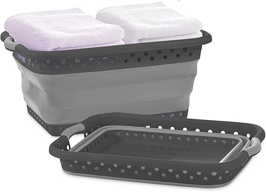 Pop & Load Collapse & Store 1 Large 25" Slim Collapsible Plastic Laundry Basket, Space Saving Portable Pop Up Storage & Organization Basket, 3" High When Folded, Dual Comfort Grip Handles, Black