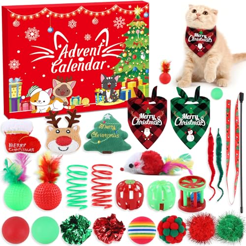 Cat Advent Calendar 24 Days Christmas Countdown Calendar Cat Interactive Toys Cat Gifts Assorted Christmas Toys for Kitten Mice Ball Bells Cat Feather Teaser Xmas Advent Calendar Gifts for Cat Lovers