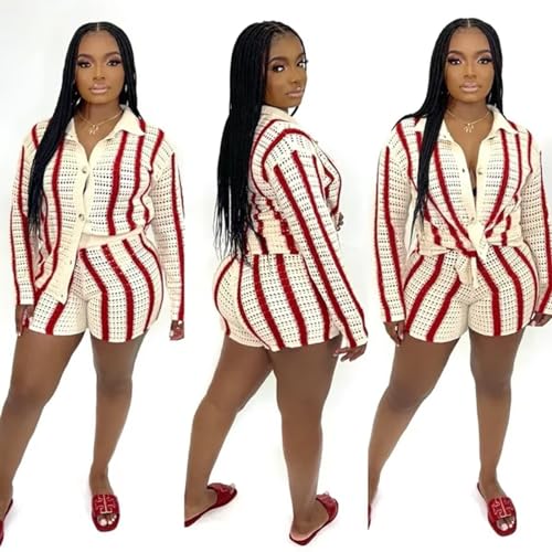 Womens Fashion Stripe Knit Sweater Cardigan 2 Piece Outfits，Long Sleeved Woollen Cardigan and Shorts Suit3