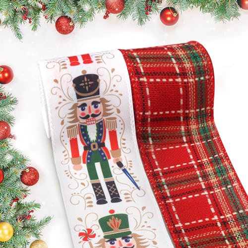 Hying 2 Rolls Christmas Ribbons for Wreath Bows Ornaments Xmas Wired Edge Ribbon Christmas Cartoon Characters Craft Ribbons for Crafting Christmas Party Decorations Supplies