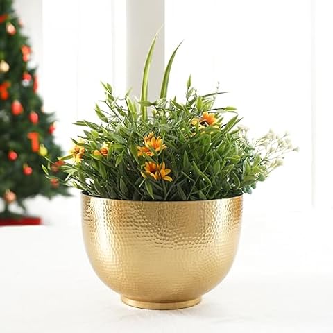BEHOMA Metal Hammered Aluminium Golden Bowl Planter for Home Decoration | Plant Pots for Home Living Room Bedroom Office Decor (Plants not Included) Cover