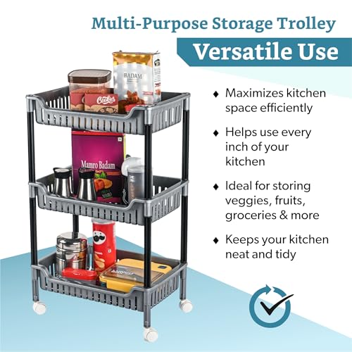 Image of Kuber Industries Plastic Multipurpose Trolley with Wheels | 3 Layer Storage Organizer for Household, Office, Bedroom, Kitchen, Living Room & Bathroom | Shelf Rack - Grey