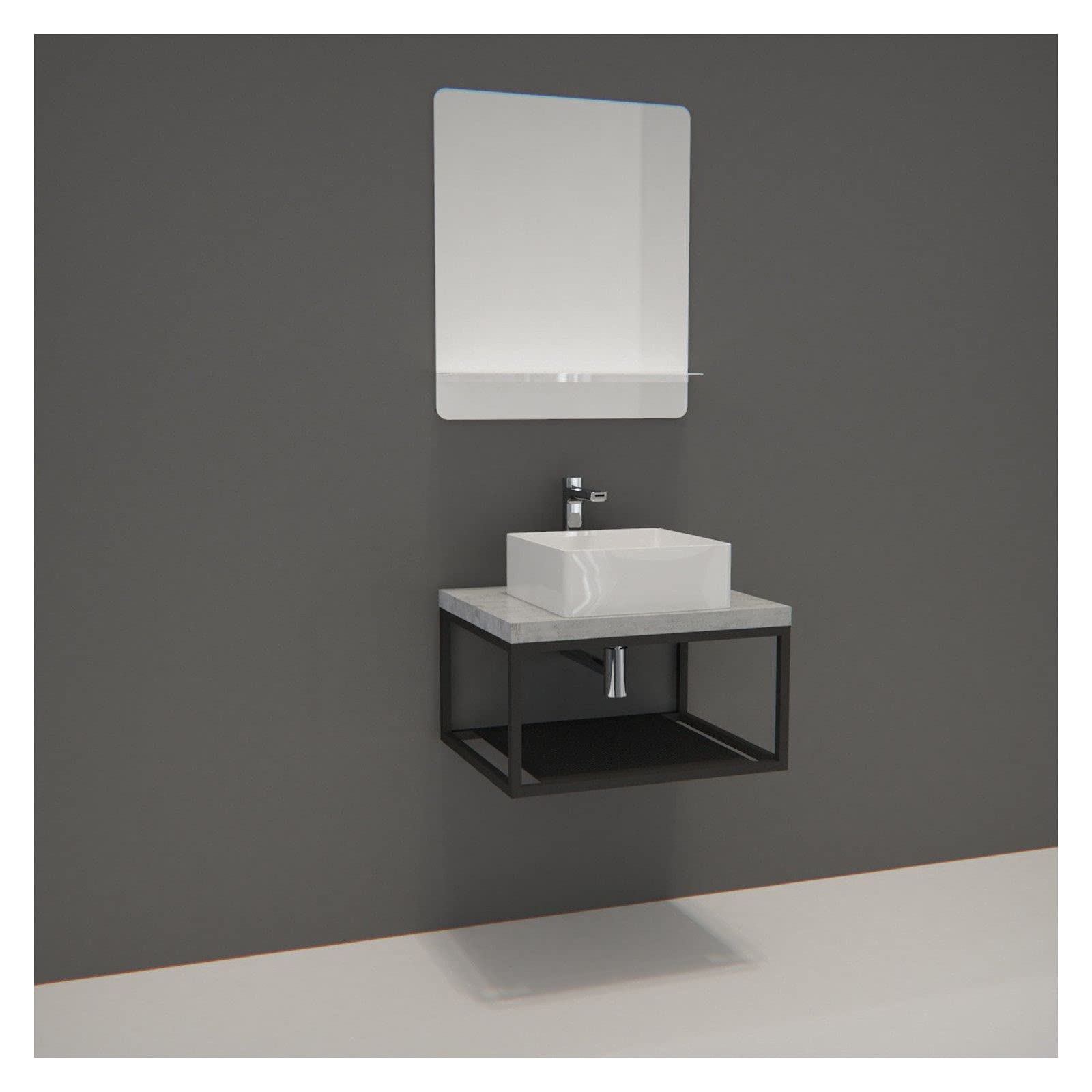 Mueble de baño de madera y metal Will – encimera colgante de 60 cm + estructura de metal negro mate + lavabo + espejo