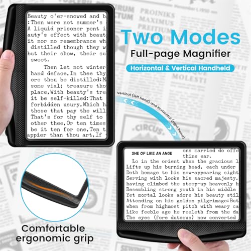 Image of Rechargeable 5X Magnifying Glass for Reading, Large Bright Full Page Magnifier with Light, Handheld LED Dimmable Lighted, Lightweight Book Magnifier for Reading Small Prints Seniors Low Vision