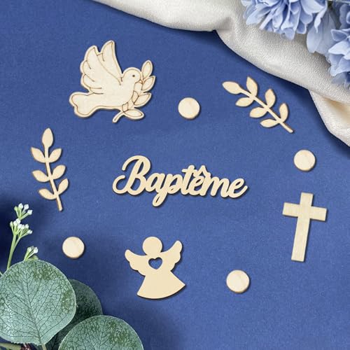 84PCS Decoration Bapteme, Deco Bapteme Confettis en Bois, Décoration de Table avec Ange, Croix, Colombe, Feuilles Decoration Table