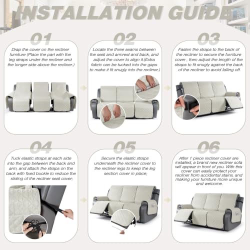 Image of TAOCOCO 100% Waterproof Recliner Covers With Leg Straps, Reversible Recliner Couch Cover For Reclining Chair, Washable Couch Protector For Pets Kids (3 Seater, Off White)