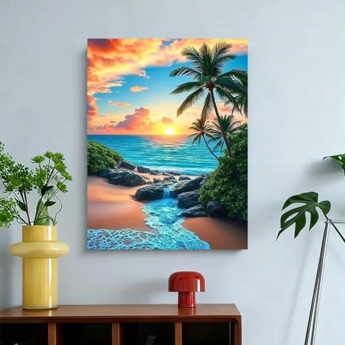 Tableau coucher de soleil sur la plage avec palmiers pour bureau et chambre