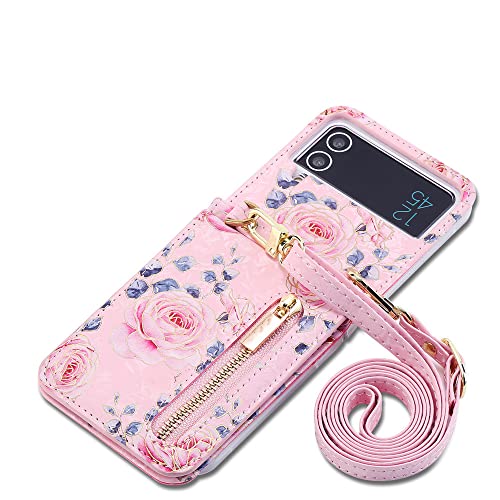 Housse cordon Galaxy Z Flip 4 en cuir rétro rose pour garder les mains libres en ville