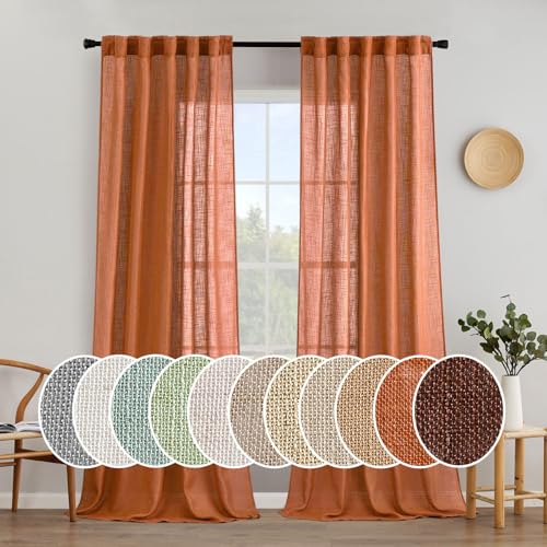 MIULEE Orange Curtains 96 Inch Length 2 Panels for Bedroom Living Room, Soft Thick Linen Textured Window Drapes Semi Sheer Light Filtering Back Tab Rod Pocket Burlap Look Fall Boho Decor