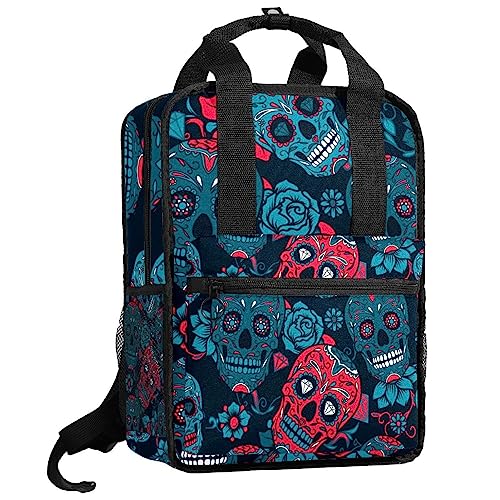 Sac à dos unisexe motif tête de mort bleu et rouge 35cm avec bretelles réglables