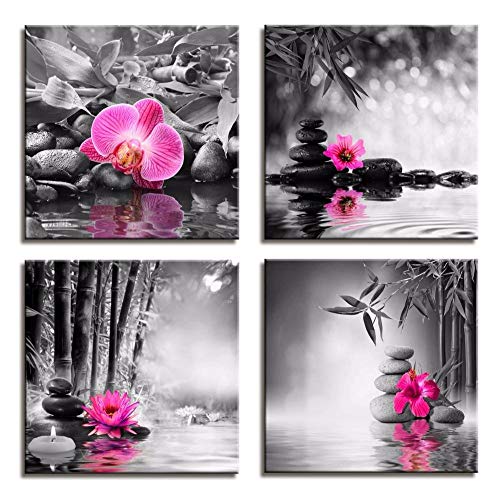 Toile Noir et Blanc Peinture Affiche Papillon orchidée Fleur Zen Pierres Wall Art Impression Bambou sur Toile Moderne Art décoration Murale 40cm_x40cm_x4p_No_Frame