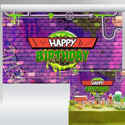 Turtle Themed Happy Birthday Backdrop City Pipe Purple Graffiti Wall Background Kids Superhero Party Decorations Banner 5x3 ft 47