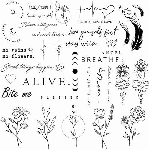 Tattoonova Realistic Temporary Tattoo 48 Designs Quote Word Inspirational Words Wild Flower Floral Bouquet for Women Girls