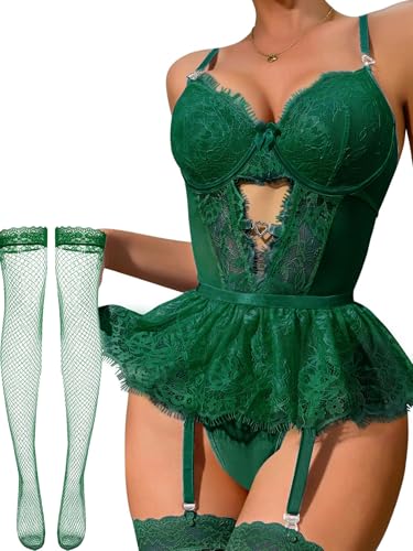 Image of Alrovetoney Women Lingerie Set Naughty Lace Bodysuit High Waisted Underwire Lingerie Babydoll With Garter Belt and Stockings