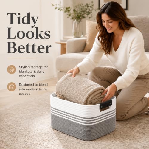 Image of 19.2GAL Sturdy Large Laundry Basket with Handles for Bathroom, Dorm Dirty Clothes, Portable Aesthetic Boho Cute Woven Storage Blanket Baskets for Living Room Decor Girls Boys Pets Toys Mix Black
