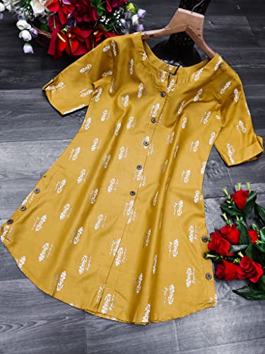 Image of OM SAI LATEST CREATION Slub Rayon Fully Stitched Anarkali Foil Print Kurti for Women & Girls on Jeans Palazzo or Skirt (Plus Size Upto 2XL) (Black)