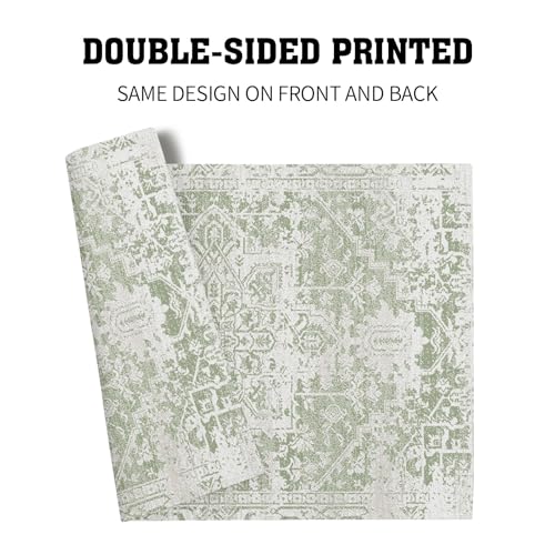 Image of Gray Light Green Boho Placemats Set of 6 Ethnic Bohemian Carpet Place Mats Washable Kitchen Dining Vintage Grey Geography Floral Linen Table Mats Stain Heat-Resistant for Home Party Indoor 12x18 in
