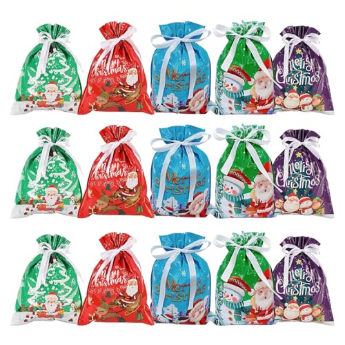 クリスマス ラッピング バッグ | 15個 再利用可能 ポーチ | ホリデー パーティー ギフト バッグ - 子供向け パーティー ギフト クッキー チョコレート 友達 家族 結婚式 誕生日 祭り