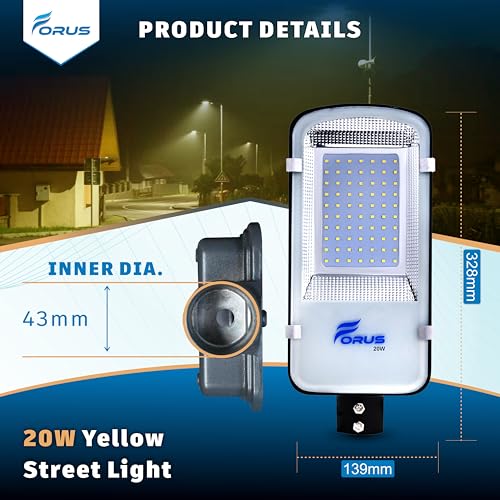 Image of Forus 20W LED Street Light Outdoor with 4 Year Warranty, High Lumen 120 lm /W Waterproof Yellow Light, Energy Saving Aluminium LED Street Lamp for Road, Parking Lot, Industrial Area Lighting (1 PC)