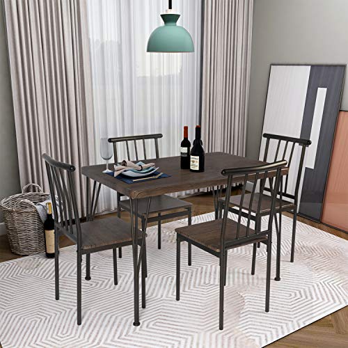 LAZZO 5 Piece Dining Table Set, Wooden Kitchen Table Set with Metal Frame, Rectangular Dining Room Table and 4 Chairs Set for Breakfast Nook,Home, Dinette, Kitchen Studio (Brown)