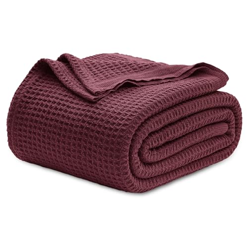 Image of Bedsure 100% Cotton Blanket King Size for Bed - Breathable and Soft for Summer, Thick Cozy Waffle Weave Blanket Gifts for Women, Burgundy, 104x90 inches