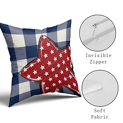 Patriotic 4Th Of July Pillow Covers 18X18 Inch Set Of 2 Red Stars Print Blue Buffalo Plaid Throw Pillows America Holiday Pillow Case Cotton Square Cushion Cover Decor For Couch Bed Living Room Sofa #TOP3