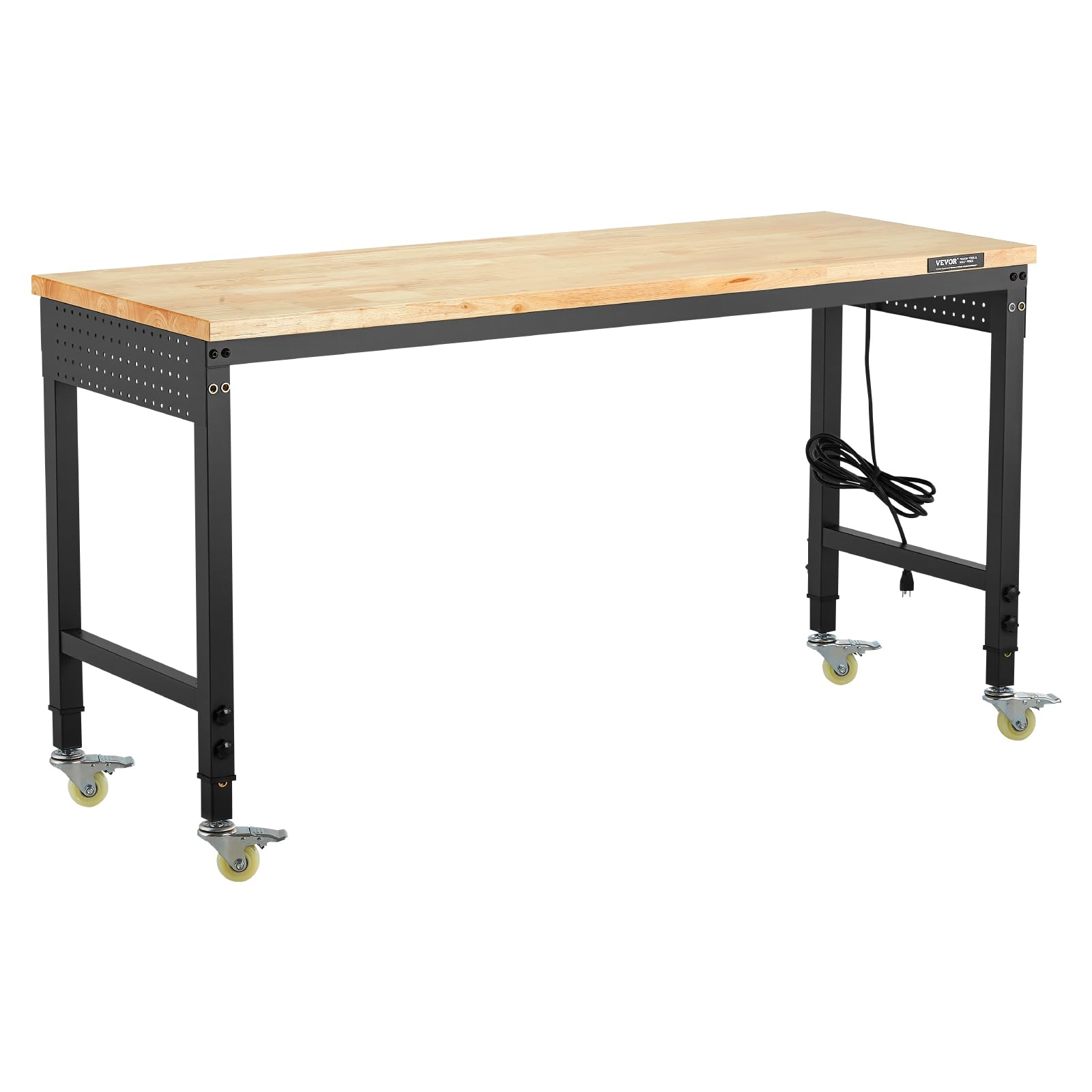 VEVOR Banco da Lavoro Regolabile 1524 mm, Carico 907 kg, Presa di Corrente, Tavolo per Lavoro Porta Attrezzi, Piano in Legno di Quercia per Garage, Officina, Ufficio e Casa