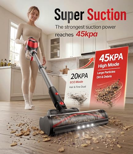 Image of Cordless Vacuum Cleaner for Home, Stick Vacuum 45Kpa, Smart Display & 1.5L Dust Cup, MAX 40mins Runtime, Rechargeable Lightweight Handheld Vavuum for Pet Hair /Carpet /Hardwood Floor /Car (Crimson)