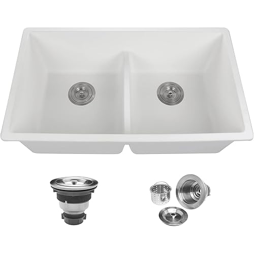 Enbol Quartz Sink White Undermount Kitchen Sink Double Bowl Granite Composite Kitchen Sink 31" 3118-W