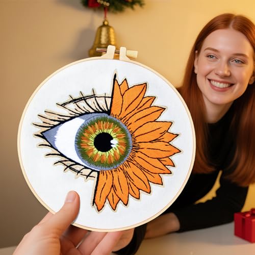 Image of Crafmanoe Sunflower Eyes Embroidery Kits for Beginners Adults, Hand Embroidery Starters Kits, Stamped Cross Stitch Kits Needlepoint Kits for Beginners Adult, Embroidery Hoop, Thread and Video Tutorial
