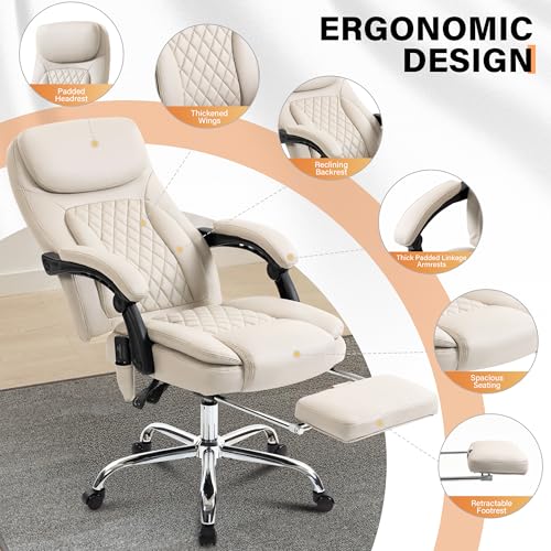 Image of 500LBS Massage Office Chair, Reclining 6 Points Vibration and Heat Desk Chair with Foot Rest, Ergonomic Executive Office Chairs, Comfy Wider & Thicker Seat, Big and Tall Gaming Chair, PU Leather Beige