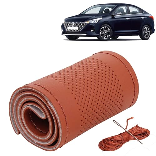 Image of KINGSWAY PU Leatherite Car Steering Cover Sewable Compatible with Hyundai Verna (Year 2020-2023), Tan Color with Tan Thread, Pack of 1 with Sewing Needle and Thread