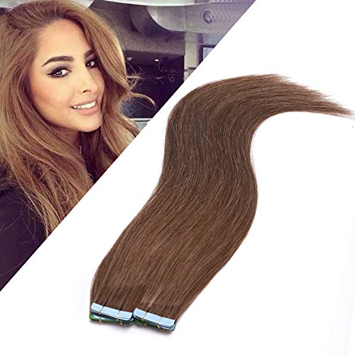 Tape in Remy Hair Extensions Human Hair Light Brown Invisible Skin Weft Tape ins Seamless Double Sided Glue in Tape Hairpiece for Women Highlighted 16 inch Straight 20pcs 50g #6