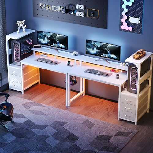 Image of DUMOS L Shaped Gaming Desk with Shelves Storage Drawers 52'', White Computer Desks with LED Lights Power Outlets, Office Wood Table with PC Stand Cable Management for Bedroom Dual Monitor Streaming