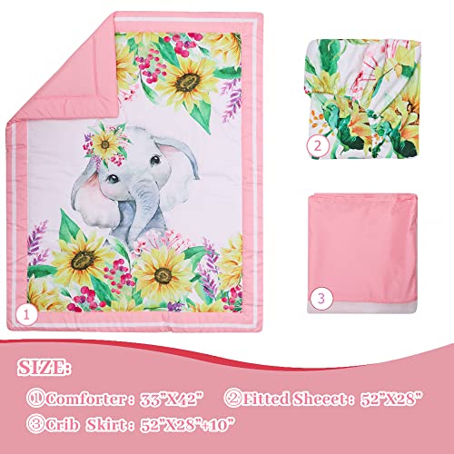 Image of Cloele Crib Bedding Set for Baby Girls, Pink, 3 Piece,Elephant Sunflower | Includes Crib Skirt, Quilt, Fitted Sheet, Sunflower Pattern, Soft Nursery Comforter Bedding Set