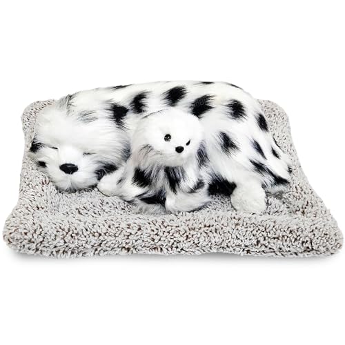 Image of FunBlast Sleeping Cute Dog with Puppy - Realistic Soft & Lifelike Pet Puppy with Bed for Car Dashboard and Home Decor, Sleeping Dog Soft Toy (White-Black)