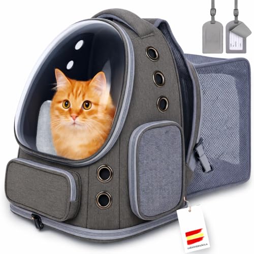 Mochila Transportín para Gatos Extensible Premium – Ventilación 360° – Mochila para Viajes con Mascotas – Ventana Espacial Gris