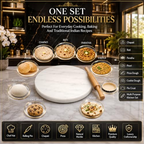 Image of 10 Inch White Marble Chakla Belan Set with Wooden Rolling Pin | Marble Roti Rolling Board | Chapati Maker Phulka Maker & Paratha Making Board | Heavy Duty Smooth Finish Stone Chakla for Home & Kitchen