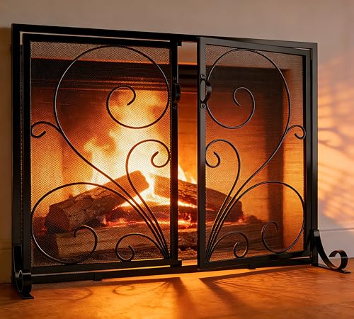 Calidola Pantalla Plana para Chimenea con Puertas, Marco de Hierro Forjado sólido con Malla de Metal, Pantalla Decorativa de Panel Plano con diseño de Desplazamiento, Protector de chispas