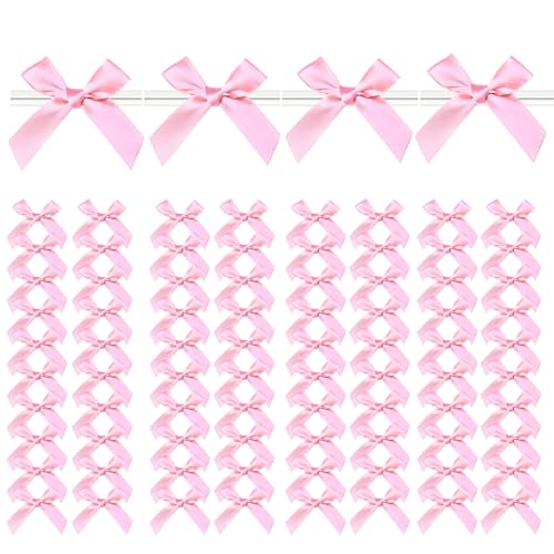 Twist Tie Bows, 100 Packs Satin Bows for Treat Bags Candy Bags Bakery Bags, Pre-Tied Ribbon Bows Gift Bows for Gift Wrapping Packaging, Wedding, Baptism, Tableware Decor Party Decoration (Pink)