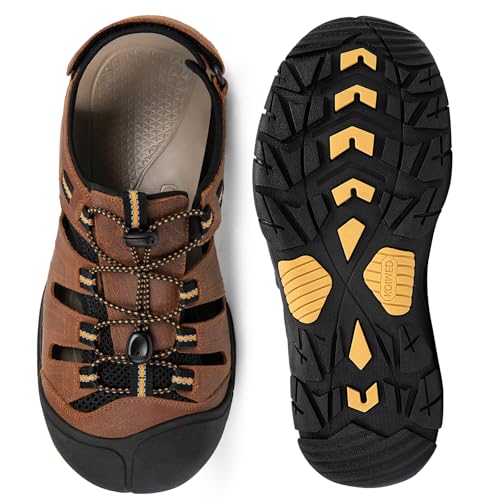KOIMED Men's Hiking Leather Sandals Closed Toe Water Shoes For Summer Athletic Outdoor Walking Sports Trail River Fishing Wide Adjustable Waterproof Arch Support