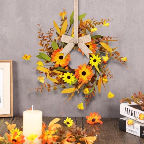Image of 6 Pcs 3 Inch Fall Daisy Candle Rings Thanksgiving Table Centerpieces Mini Artificial Candle Rings Autumn Daisy Wreaths Cabinets Farmhouse Autumn Wreath for Indoor Front Door Wall Window Decorations