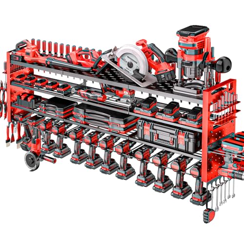 Image of Shomextol 49.8" W Large Power Tool Organizer Wall Mount, Heavy Duty Tool Organizer with 14 cordless Drill Holder, 4 Layers Garage Organization and Storage Rack, Tool Rack for Garage Workshop, Red